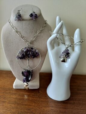 Amethyst Chip Tree of Life Necklace & Earring Bracelet Set - Purple